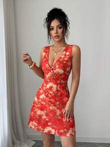INAWLY Đầm ngắn không tay cổ chữ V sâu, hở lưng, in hoa, thanh lịch và gợi cảm dành cho nữ, thích hợp cho mùa hè. - trái cam - Xem 5