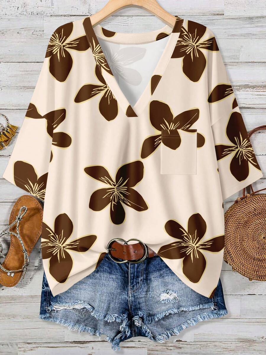 EMERY ROSE Minimalist Color Block Floral Print Casual Loose T-Shirt, Suitable For Summer - Multicolor - View 1