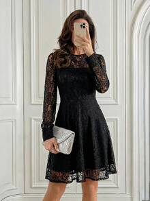 EMERY ROSE 女士休闲黑色蕾丝长袖束腰短款连衣裙 - 黑色 - 查看 3