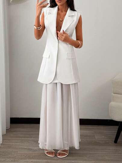 SHEIN Femei, Primăvară, Vară, Lungime normală, Croială normală, Fustă maxi, Elegantă, Rochie blazer albă fără mâneci, Vestă peplum croită cu fustă midi din șifon, Ținută elegantă de vară pentru stațiuni, Ținută pentru petrecerea burlăcițelor sau nuntă pe plajă, Ansamblu minimalist șic din două piese, Rochie smoking fără mâneci, Aspect alb de la birou la seară, Ținută neutră pentru invitați la nuntă, Rochie de vară ușoară, stratificată, Talie feminină croită și detalii peplum, Rochie midi sofisticată pentru cocktail, Alternativă modernă pentru mirese
