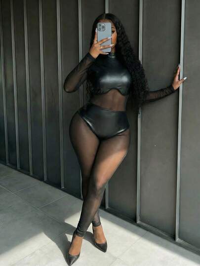 Slaydiva Plus Size Spring/Summer New Arrival Fall Clothes For Women, Winter Clothes For Women, New Arrival Music Festival Halloween Costumes, Birthday Dresses For Women, Daily Wear, Basic Versatile, Casual, Vacation, Cruise Travel, Beach, Sunbathing, Viral Black Long Sleeve Solid Color Patchwork Mesh Sexy Mesh Jumpsuit, Street Style Bodycon Jumpsuit