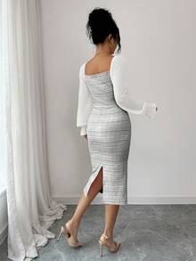 Elenzga Elegant Date/Holiday Tweed Patchwork Chiffon Collared Dress - Black and White - View 2