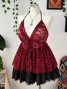 Sunspun Camiseta de encaje rojo sexy con cuello halter para mujer de talla grande - Rojo - Ver 5