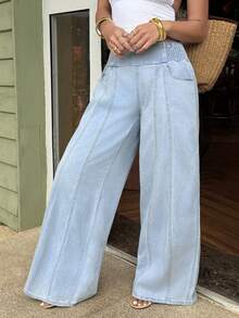 Sunnyshic 女士休闲百搭日常穿着阔腿牛仔裤 - 藍色 - 查看 4