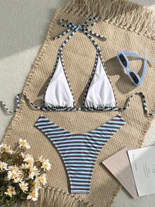 Swim Mod Tie Neck Backless Striped Bikini Swimsuit, Fashionable Summer Two-Piece - Multicolor - View 3