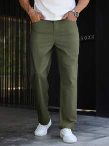 Manfinity Homme Men's Solid Color Straight Leg Loose Casual Pants - Army Green - View 6