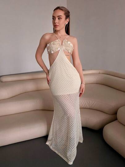 Katetique 1件女式纯色针织亮片刺绣连衣裙