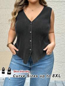 SHEIN CURVE+ 大码女式V领单排扣做旧复古休闲背心 - 黑色 - 查看 9
