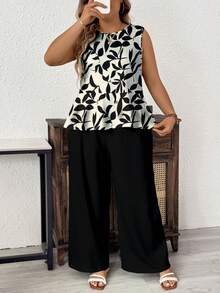 SHEIN LUNE Casual, Simple, And Romantic Floral Print Top + Black Pants Plus Size Women's Two Pieces Set, Perfect For Spring And Summer Vacation. - Multicolor - View 3