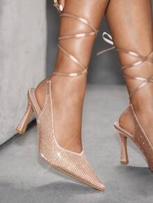 CUCCOO SZL Zapatos de tacón con punta fina, decorados con rhinestones y lazo, elegantes para mujer, para el verano - Champán - Ver 5