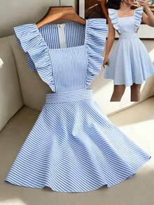 Elenzga Women's Casual Commuter Striped Ruffle Hem Sleeveless Dress, Summer - Blue and White - View 3