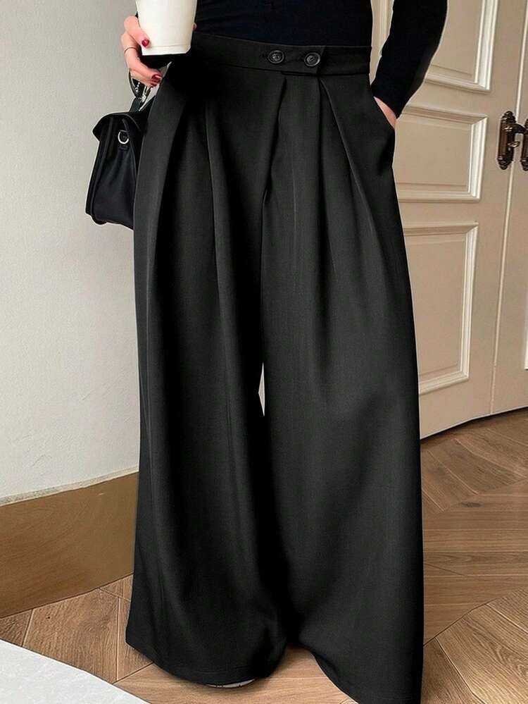 Dazy Plus Solid Color Oversized Wide Leg Double Button Pleated Long Casual Pants, All Season