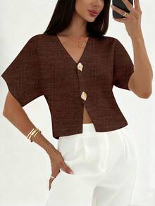 Aloruh Women's Solid Color Short Sleeve V-Neck Front Button Thin Cardigan - Redwood - View 5