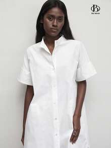 BizChic Đầm cotton trắng trơn dáng rộng, cổ tàu, cài cúc phía trước, kiểu dáng tối giản cơ bản dành cho nữ, thích hợp mặc hàng ngày, đi làm, công sở. - trắng - Xem 5