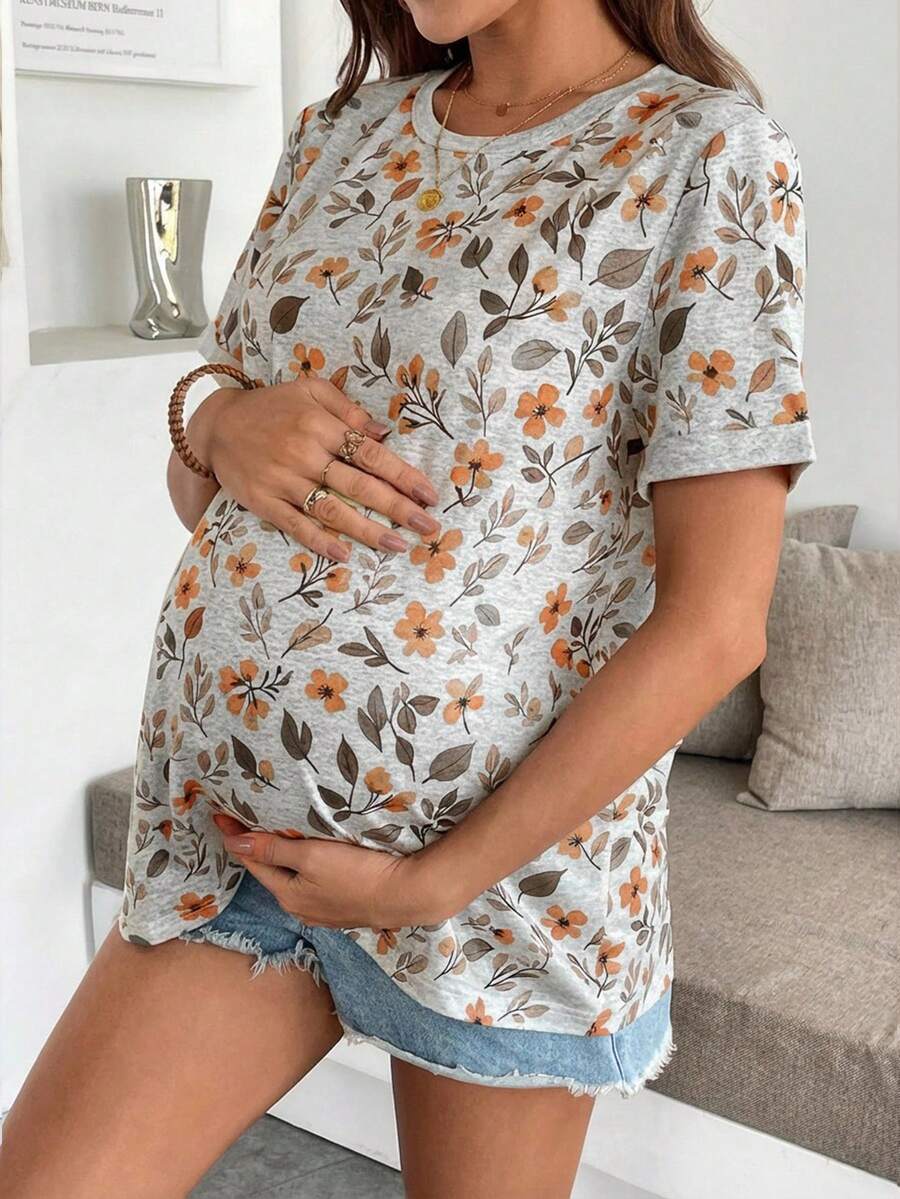SHEIN 孕妇休闲花卉植物印花短袖T恤，夏季 - 灰色 - 查看 1