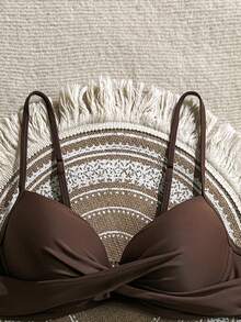 Swim Basics Zestiva Swimwear Yk2k 女士纯色泳衣上装，适合度假和海滩穿着，棕色聚拢文胸 - 棕色 - 查看 4