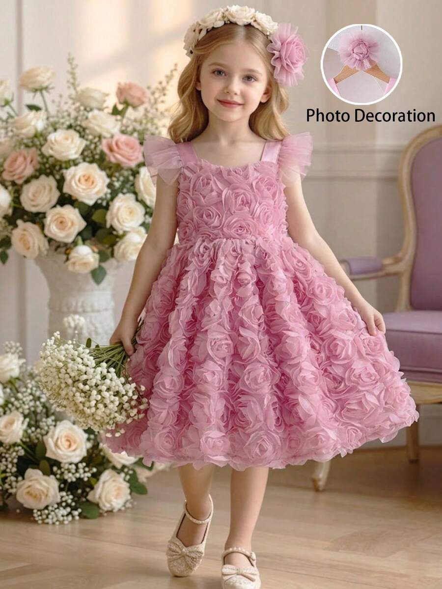 SHEIN Elladie kids 小女孩优雅3D立体花卉刺绣短袖连衣裙,公主裙,适合表演、派对、生日、婚礼等场合。 - 粉色 - 查看 1