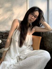 K-Vae 2pcs/Set Women's Fashionable White Camisole Top And Wide Leg Pants, Elegant Summer Outfit - White - View 5