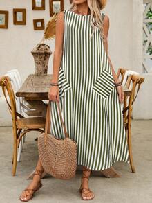 EMERY ROSE Women's Casual Striped Bamboo Knot Sleeveless Pocket Design Dress, Spring/Summer - Green - View 6