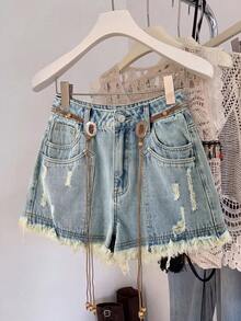 GlowEve 女士夏季休闲水洗做旧毛边牛仔短裤 - 藍色 - 查看 1