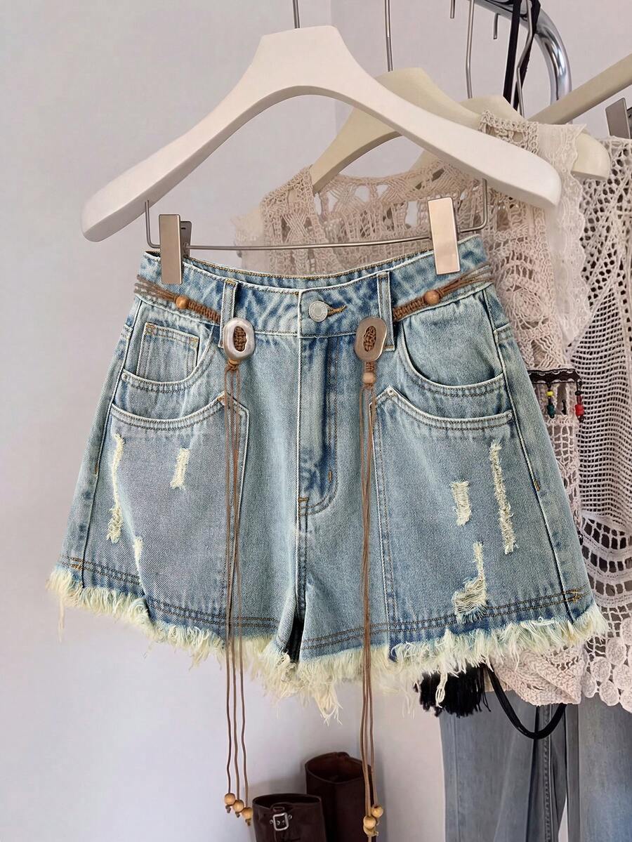 GlowEve 女士夏季休闲水洗做旧毛边牛仔短裤 - 藍色 - 查看 1