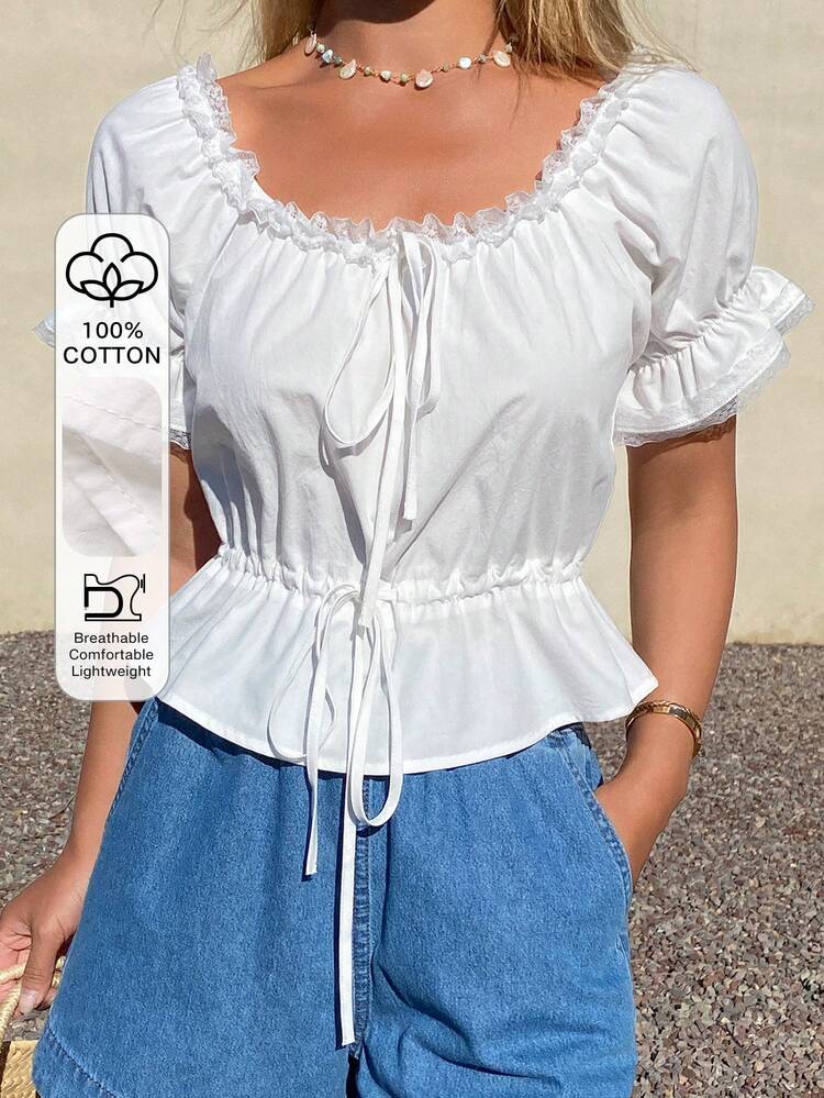 Women's Summer Frill Trim Tie Front Off-Shoulder Short Sleeve Cinched Waist Casual Blouse
