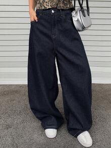 Dazy Tall 女士宽松喇叭牛仔裤，带口袋，休闲都市风 - 深色水洗藍 - 查看 4