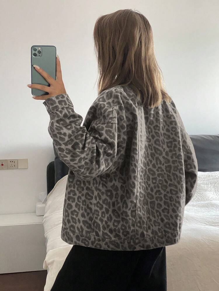 Tall Women's Extended Sleeve Leopard Print Casual Denim Jacket And Coat, Loose Fit Turndown Collar Streetwear