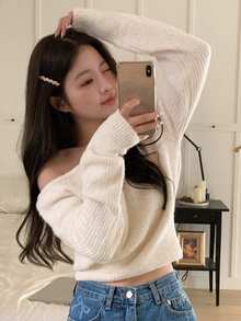 DAZY Women's Solid Color Oblique Shoulder Loose Knit Sweater, Spring And Autumn - Apricot - View 2