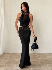 SHEIN Tall Conjunto de 2 piezas de vestido de punto negro con encaje en contraste para mujer, conjunto de 2 piezas negro, primavera/verano - Negro - Ver 4