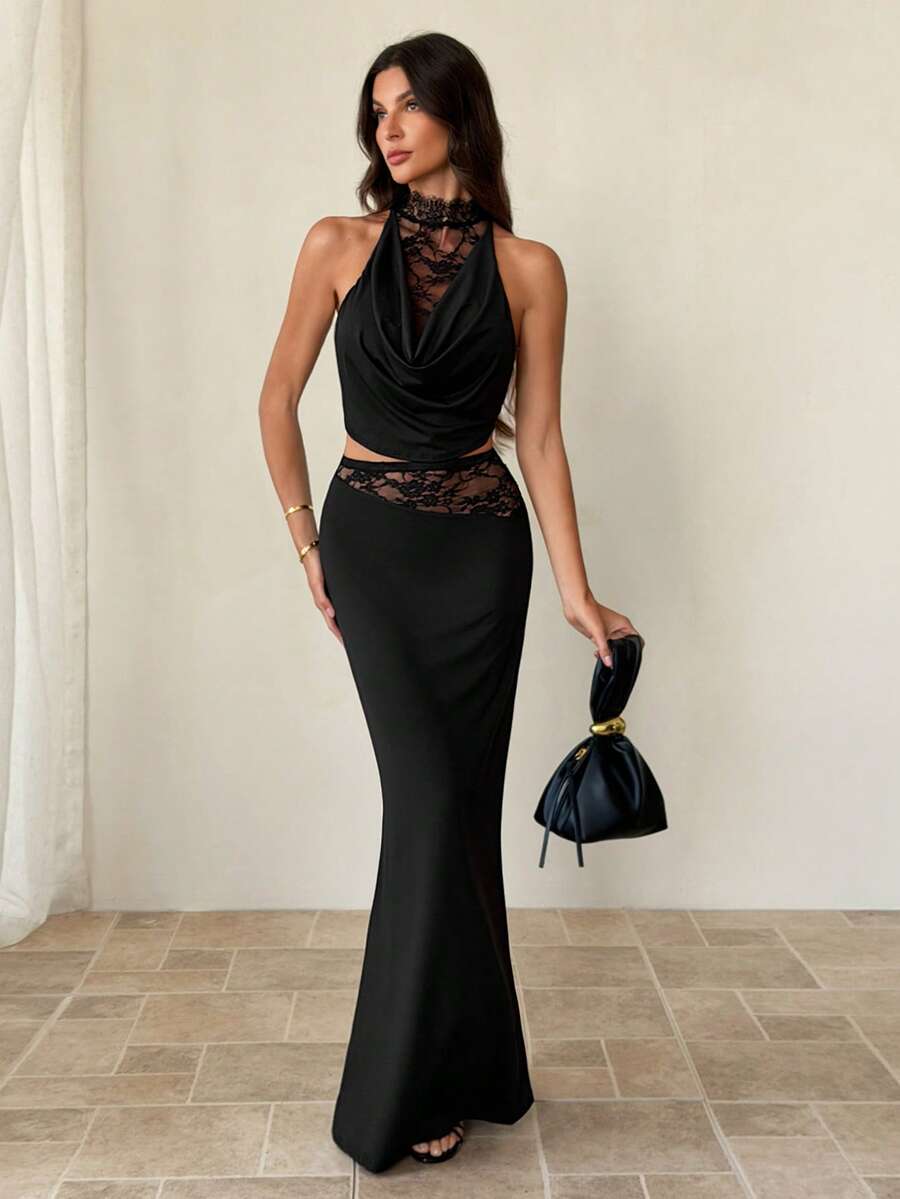 SHEIN Tall Women's Black Knit Contrast Lace 2 Pieces Set, Dress 2 Pieces Set, Black 2 Pieces Set, Spring/Summer - Black - View 1