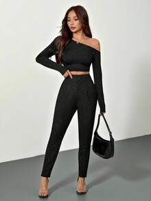 SHEIN PETITE 女士时尚通勤银箔黑色长裤 优雅女士长裤 水钻长裤 闪亮长裤 亮片长裤 女士冬季长裤 黑色长裤 优雅女士外出长裤 时尚女士长裤,黑色长裤 新年 - 黑色 - 查看 8