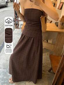 DAZY Women's Fashion Plaid Tube Top & Skirt 2 Pieces Set - Brown - View 1
