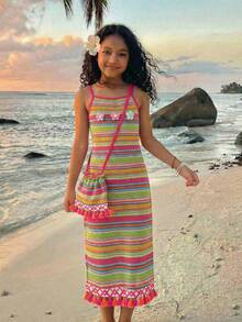 Sparklyn Girls' Sweet Rainbow Pink Stripe Summer Boho Cute Beach Holiday Dress,Knitted Jacquard 3D Floral Spaghetti Strap Sundress With Crossbody Bag - Multicolor - View 1