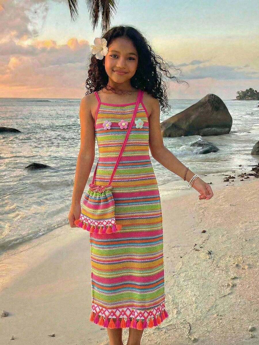 Sparklyn Girls' Sweet Rainbow Pink Stripe Summer Boho Cute Beach Holiday Dress,Knitted Jacquard 3D Floral Spaghetti Strap Sundress With Crossbody Bag - Multicolor - View 1