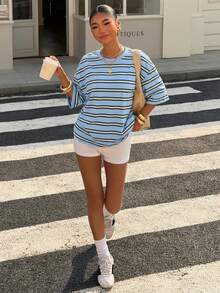 Muchica Women's Blue Striped Loose Short Sleeve T-Shirt, New Arrival For Summer - Blue - View 6