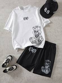 Vacaura 2pcs/Set Casual Cartoon Character Print T-Shirt Set For Teenage Boys, Suitable For Daily, Commuting, And Sports Wear - Black and White - View 4