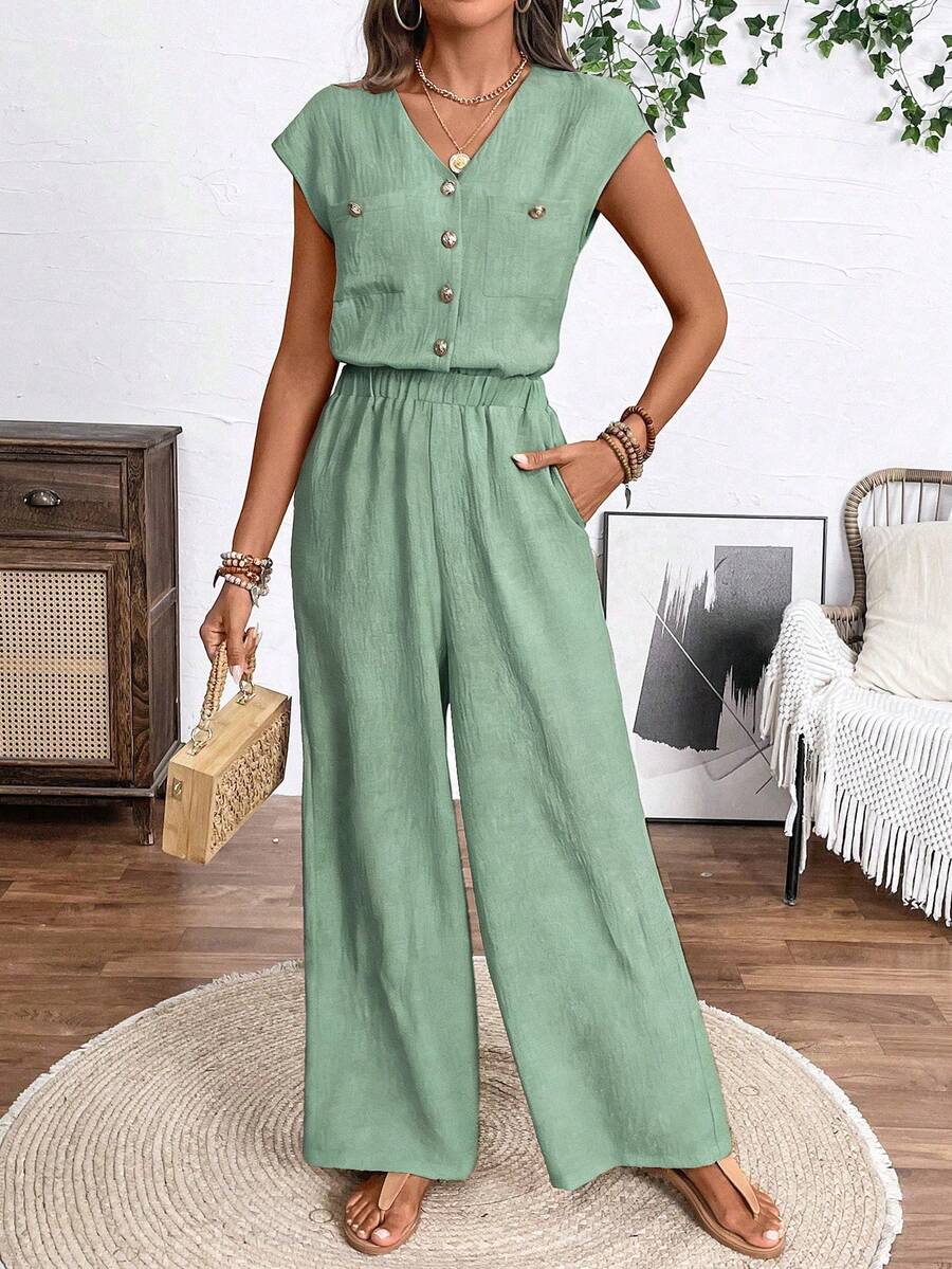 EMERY ROSE Women's Metal Button Half-Placket Wide Leg Casual Jumpsuit - Mint Green - View 1