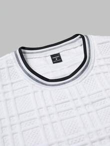 Manfinity Joysei Camiseta de punto jacquard de unicolor con textura para hombres, con etiqueta de cuero y cuello acanalado - Blanco - Ver 4