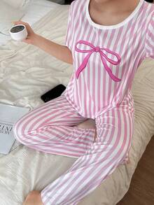 SHEIN Pink Striped Bow Print Short Sleeve Pajama Set For Women - Multicolor - View 6