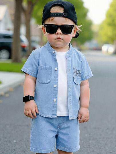 Bộ 2 món áo sơ mi ngắn tay và quần short denim màu xanh nhạt thêu hình động vật hoạt hình dễ thương cho bé trai.