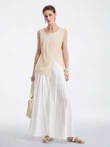 Aalyst Women's Pleated Solid Satin Crepe Sleeveless Asymmetrical Hem Blouse - Champagne - View 5