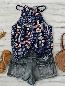 SHEIN LUNE Áo hai dây cổ yếm in hoa phong cách retro dành cho nữ, thích hợp cho kỳ nghỉ xuân/hè. - Nhiều màu - Xem 2