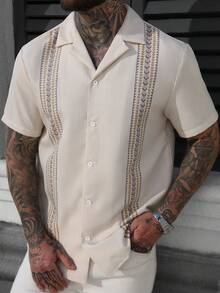 VENTUSAIL Top d'été bohème beige pour hommes avec imprimé de vacances, chemise à rayures en tissu tissé avec boutons, confortable, décontracté, formel, pour le bureau et les vacances - Multicolore - Voir 3