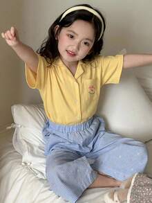Dazy Kids 女童圓領針織滿版印花短袖T恤 + 滿版印花長褲睡衣套裝，夏季 - 黃色 - 查看 4