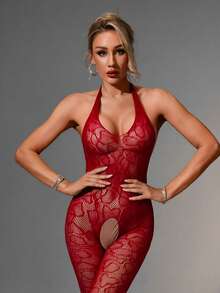 SpicyHot 性感火辣的女士透视镂空渔网连体衣，性感内衣，情趣内衣，情趣睡衣，适合夜店、夜生活、约会、演出、新婚之夜——性感丝袜和紧身裤，适合夜店、夜生活、约会、演出、新婚之夜——黑色提花网眼镂空连裤袜，女士性感内衣 - 紅色 - 查看 3