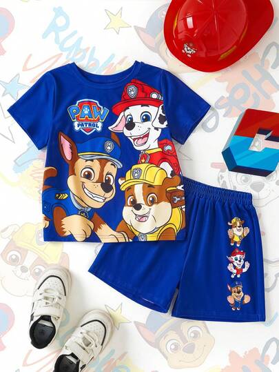 SHEIN | PAW Patrol Conjunto informal de camiseta de manga corta con cuello redondo y pantalones cortos con estampado de dibujos animados para niño pequeño