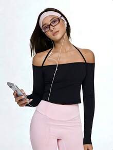 Eassivo Eassivo 女士纯色露背修身休闲运动T恤 - 黑色 - 查看 4