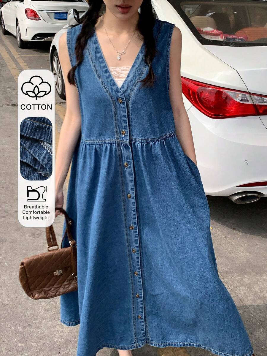 FRIFUL Vestido vaquero casual sin mangas con botones delanteros, para primavera/verano - Azul - Ver 1