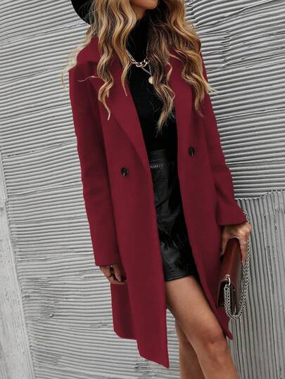 SHEIN Clasi Abrigo cruzado de doble botonadura de unicolor versátil para mujer